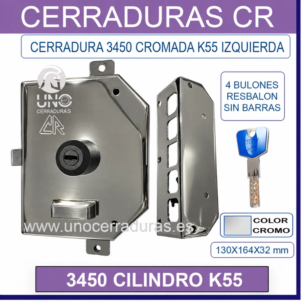 CERRADURA CR 3450 CILINDRO TITAN K55 CROMADA IZQUIERDA CERRADURA CR 3450 CILINDRO TITAN K55 CROMADA IZQUIERDA