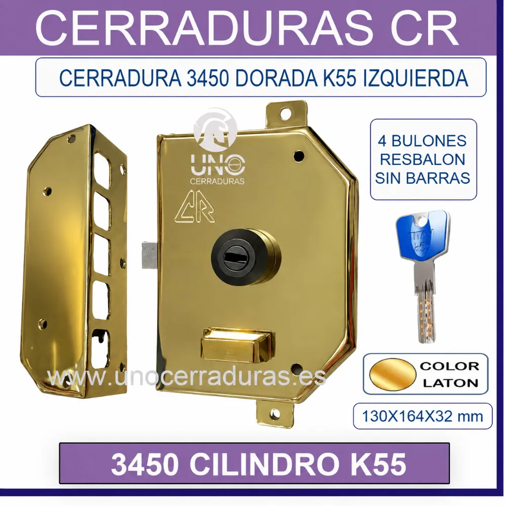 CERRADURA CR 3450 CILINDRO TITAN K55 DORADA IZQUIERDA
