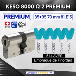 CILINDRO KESO 8000 Omega² 81.E15 PREMIUM 35+35:70mm 5 Llaves EMBRAGUE DE PRIORIDAD CILINDRO KESO 8000 Omega² 81.E15 PREMIUM 35+35:70mm 5 Llaves EMBRAGUE DE PRIORIDAD