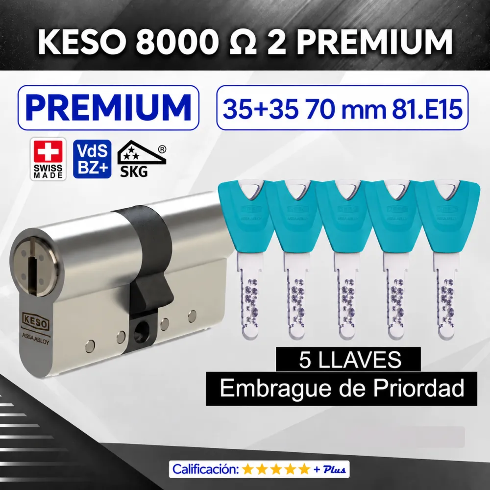 CILINDRO KESO 8000 Omega² 81.E15 PREMIUM 35+35:70mm 5 Llaves EMBRAGUE DE PRIORIDAD CILINDRO KESO 8000 Omega² 81.E15 PREMIUM 35+35:70mm 5 Llaves EMBRAGUE DE PRIORIDAD