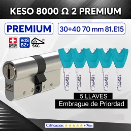 CILINDRO KESO 8000 Omega² 81.E15 PREMIUM 30+40:70mm 5 Llaves EMBRAGUE DE PRIORIDAD
