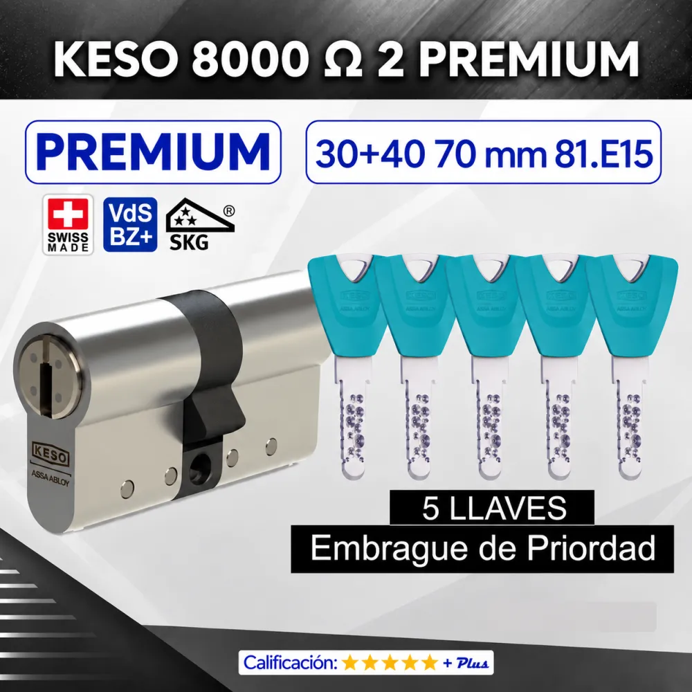 CILINDRO KESO 8000 Omega² 81.E15 PREMIUM 30+40:70mm 5 Llaves EMBRAGUE DE PRIORIDAD