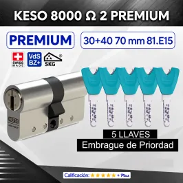 CILINDRO KESO 8000 Omega² 81.E15 PREMIUM 30+40:70mm 5 Llaves EMBRAGUE DE PRIORIDAD
