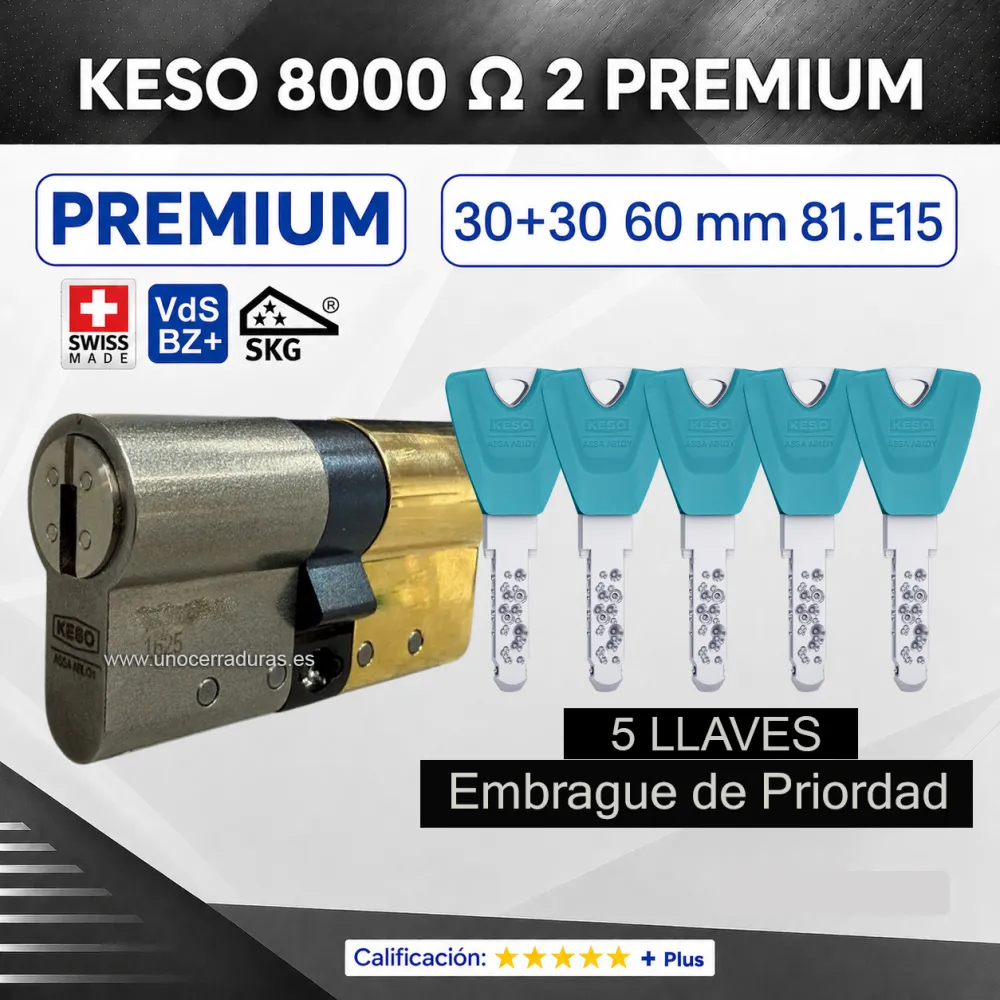 CILINDRO KESO 8000 Omega² 81.E15 PREMIUM 30+30:60mm ORO 5 Llaves EMBRAGUE DE PRIORIDAD CILINDRO KESO 8000 Omega² 81.E15 PREMIUM 30+30:60mm ORO 5 Llaves EMBRAGUE DE PRIORIDAD