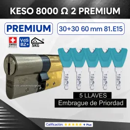 CILINDRO KESO 8000 Omega² 81.E15 PREMIUM 30+30:60mm ORO 5 Llaves EMBRAGUE DE PRIORIDAD
