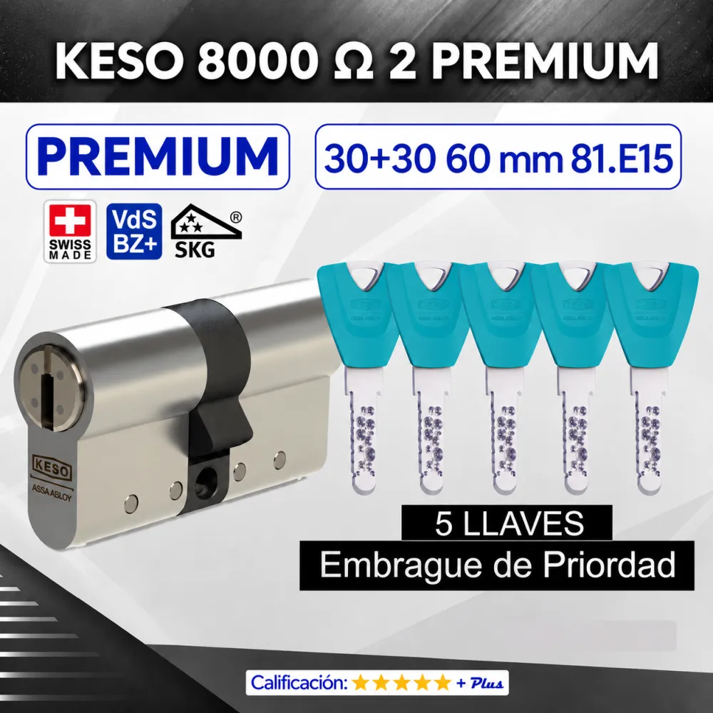 CILINDRO KESO 8000 Omega² 81.E15 PREMIUM 30+30:60mm 5 Llaves EMBRAGUE DE PRIORIDAD CILINDRO KESO 8000 Omega² 81.E15 PREMIUM 30+30:60mm 5 Llaves EMBRAGUE DE PRIORIDAD