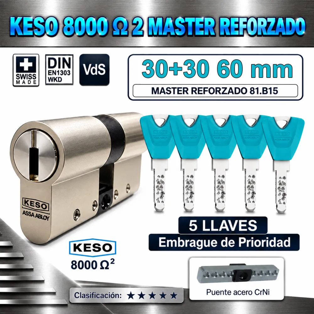 CILINDRO KESO 8000 Omega² 81.B15 MASTER REFORZADO 30+30:60mm CROMO 5 Llaves EMBRAGUE DE PRIORIDAD