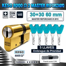 CILINDRO KESO 8000 Omega² 81.B15 MASTER REFORZADO 30+30:60mm ORO 5 Llaves EMBRAGUE DE PRIORIDAD CILINDRO KESO 8000 Omega² 81.B15 MASTER REFORZADO 30+30:60mm ORO 5 Llaves EMBRAGUE DE PRIORIDAD