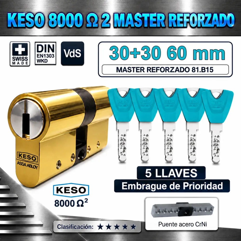 CILINDRO KESO 8000 Omega² 81.B15 MASTER REFORZADO 30+30:60mm ORO 5 Llaves EMBRAGUE DE PRIORIDAD CILINDRO KESO 8000 Omega² 81.B15 MASTER REFORZADO 30+30:60mm ORO 5 Llaves EMBRAGUE DE PRIORIDAD