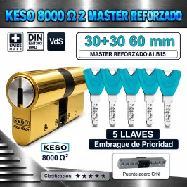 CILINDRO KESO 8000 Omega² 81.B15 MASTER REFORZADO 30+30:60mm ORO 5 Llaves EMBRAGUE DE PRIORIDAD
