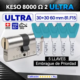 CILINDRO KESO 8000 Omega² 81.F15 ULTRA 30+30:60mm 5 Llaves EMBRAGUE DE PRIORIDAD CILINDRO KESO 8000 Omega² 81.F15 ULTRA 30+30:60mm 5 Llaves EMBRAGUE DE PRIORIDAD