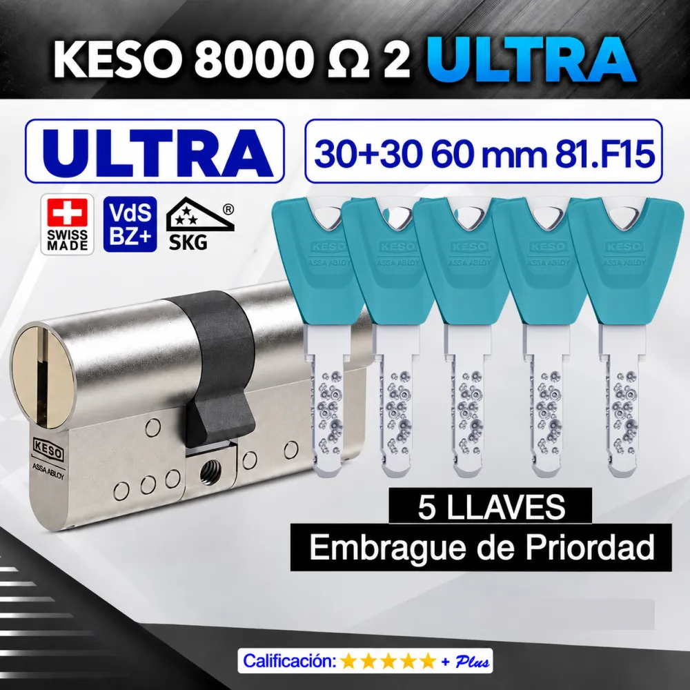 CILINDRO KESO 8000 Omega² 81.F15 ULTRA 30+30:60mm 5 Llaves EMBRAGUE DE PRIORIDAD CILINDRO KESO 8000 Omega² 81.F15 ULTRA 30+30:60mm 5 Llaves EMBRAGUE DE PRIORIDAD