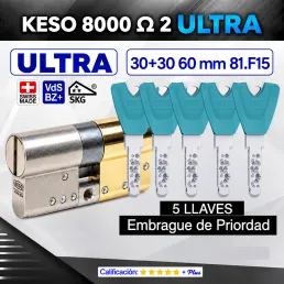 CILINDRO KESO 8000 Omega² 81.F15 ULTRA 30+30:60mm 5 Llaves ORO EMBRAGUE DE PRIORIDAD CILINDRO KESO 8000 Omega² 81.F15 ULTRA 30+30:60mm 5 Llaves ORO EMBRAGUE DE PRIORIDAD