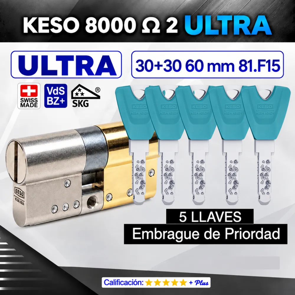 CILINDRO KESO 8000 Omega² 81.F15 ULTRA 30+30:60mm 5 Llaves ORO EMBRAGUE DE PRIORIDAD CILINDRO KESO 8000 Omega² 81.F15 ULTRA 30+30:60mm 5 Llaves ORO EMBRAGUE DE PRIORIDAD