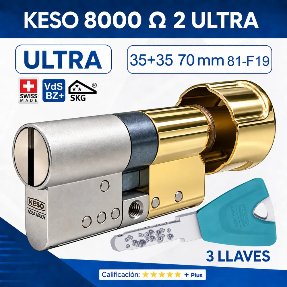 BOMBILLO KESO 8000 Omega2 ULTRA 35+35:70mm POMO ORO 81.F19.080 3 LLAVES BOMBILLO KESO 8000 Omega2 ULTRA 35+35:70mm POMO ORO 81.F19.080 3 LLAVES