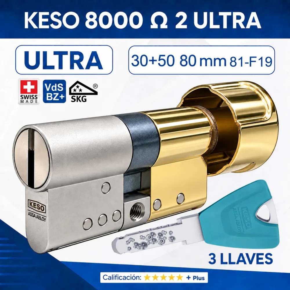 BOMBILLO KESO 8000 Omega2 ULTRA 30+50:80mm POMO ORO 81.F19.080 3 LLAVES