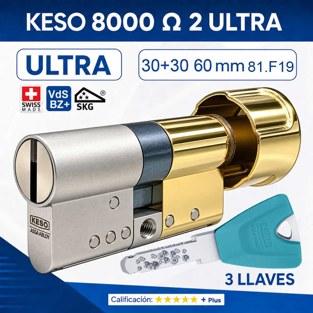 KESO 8000 Omega2 ULTRA 30+30:60mm POMO ORO 81.F19.080 3 LLAVES new