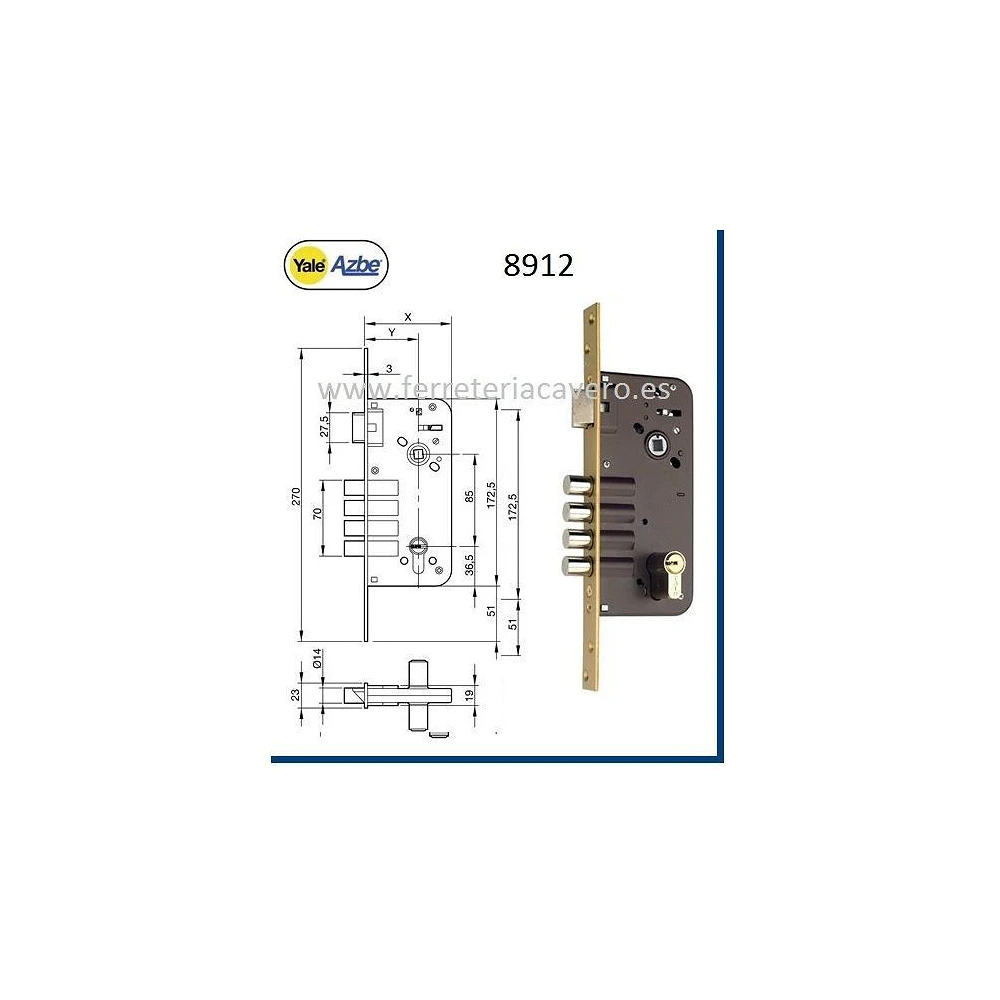 CERRADURA SEGURIDAD 8922-80 ALUMINIO SIN CILINDRO CERRADERO LARGO 40 MM Dorada Y 8422937070048