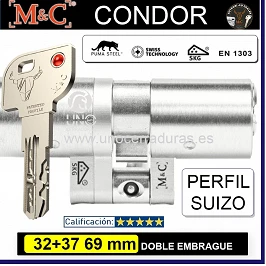 CILINDRO M&C CONDOR 32+37 69mm SUIZO CROMO DOBLE EMBRAGUE 5 LLAVES
